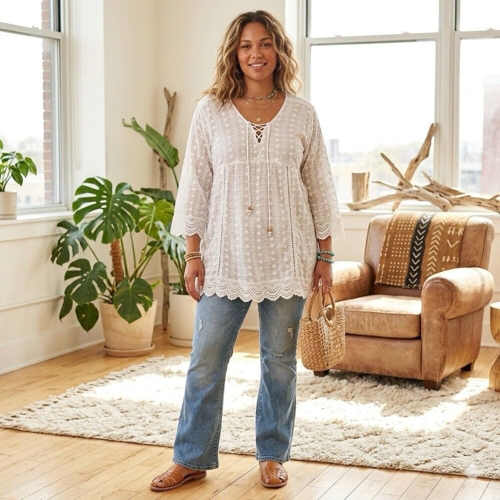 SR Fashions White Embroidered Boho Tunic XXL NWT Coastal Cottagecore Cotton